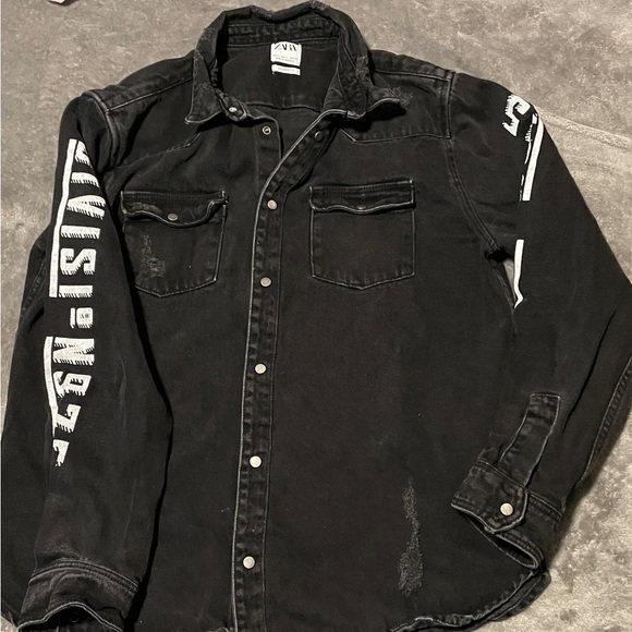 Zara Other - Zara Mens Distressed Black Denim Jacket Size L Relaxed Fit